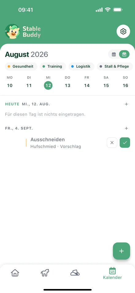 Kalender mit Terminen für Gesundheit, Training und Stall