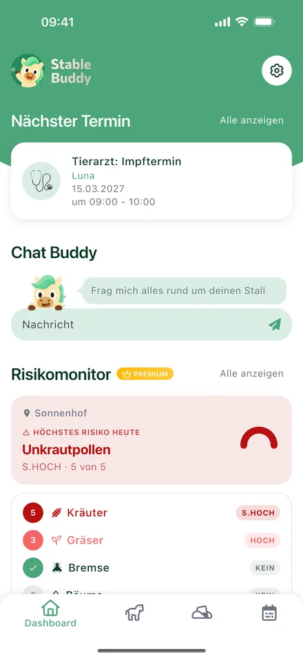 StableBuddy Dashboard mit nächstem Termin und Risiko-Monitor