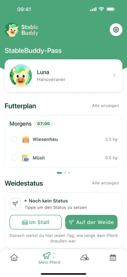 StableBuddy-Pass eines Pferdes mit Futterplan und Weidestatus