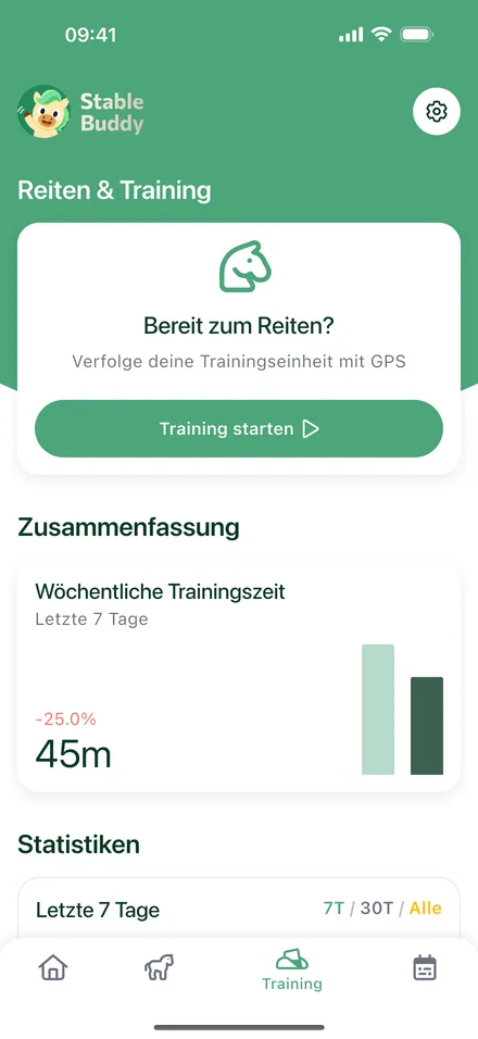 Trainings-Bildschirm mit Start-Button und Wochenstatistik